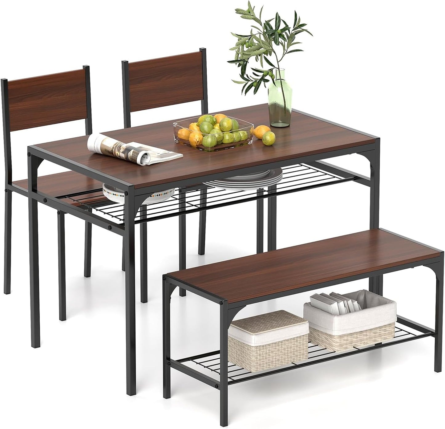 Giantex Dining Table Set for 4, Kitchen Table with Chairs & Bench, Storage Racks, Metal Frame, 4-Piece Space-Saving Dinette Set for Dining Room, Breakfast Nook, Small Space, Apartment, Walnut