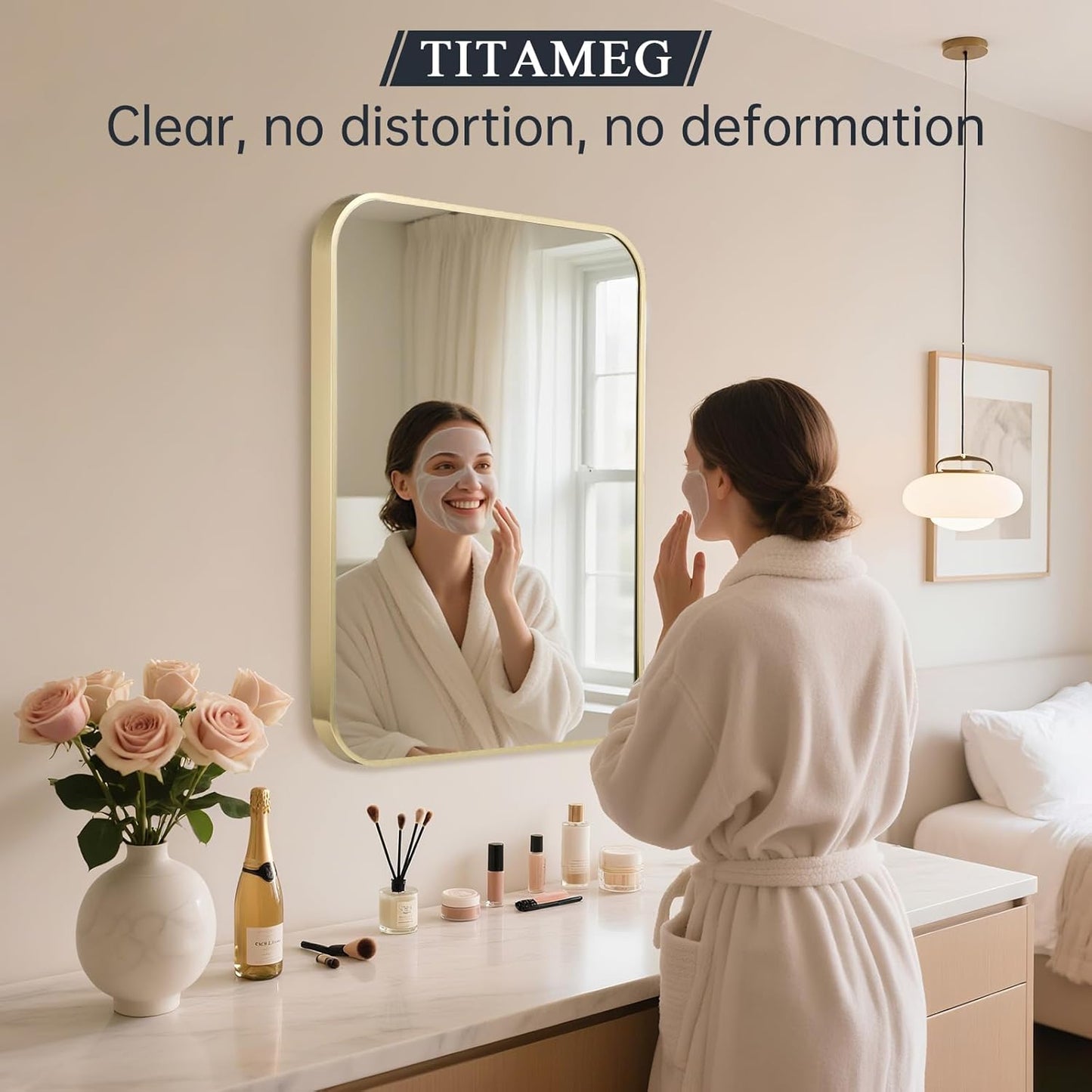 30x36 Inch Bathroom Mirror for Wall,Gold Framed Rectangle Mirror with Rounded Corner,Aluminum Alloy Framed Brushed Wall Mirror for Bedroom or Living Room,Vertical or Horizontal