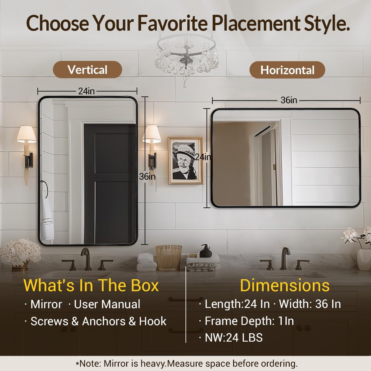 ANDY STAR Black Rectangle Mirror, 24x36 Inch Stainless Steel Metal Frame Bathroom Mirror for Over Sink, Modern Rounded Corner Black Vanity Wall Mirror, Hangs Horizontally or Vertically