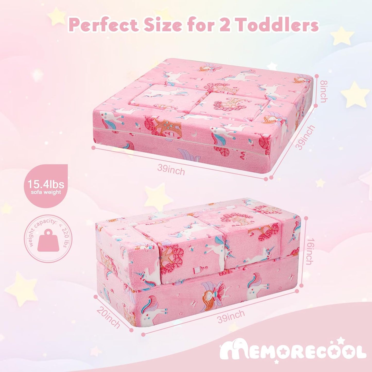 MeMoreCool Modular Kids Couch, Glow Play Toddler Couch for Bedroom Playroom, Convertible Foam Kids Sofa Bed, Fold Out Baby Sofa for Girl Boy, Pink Fairy