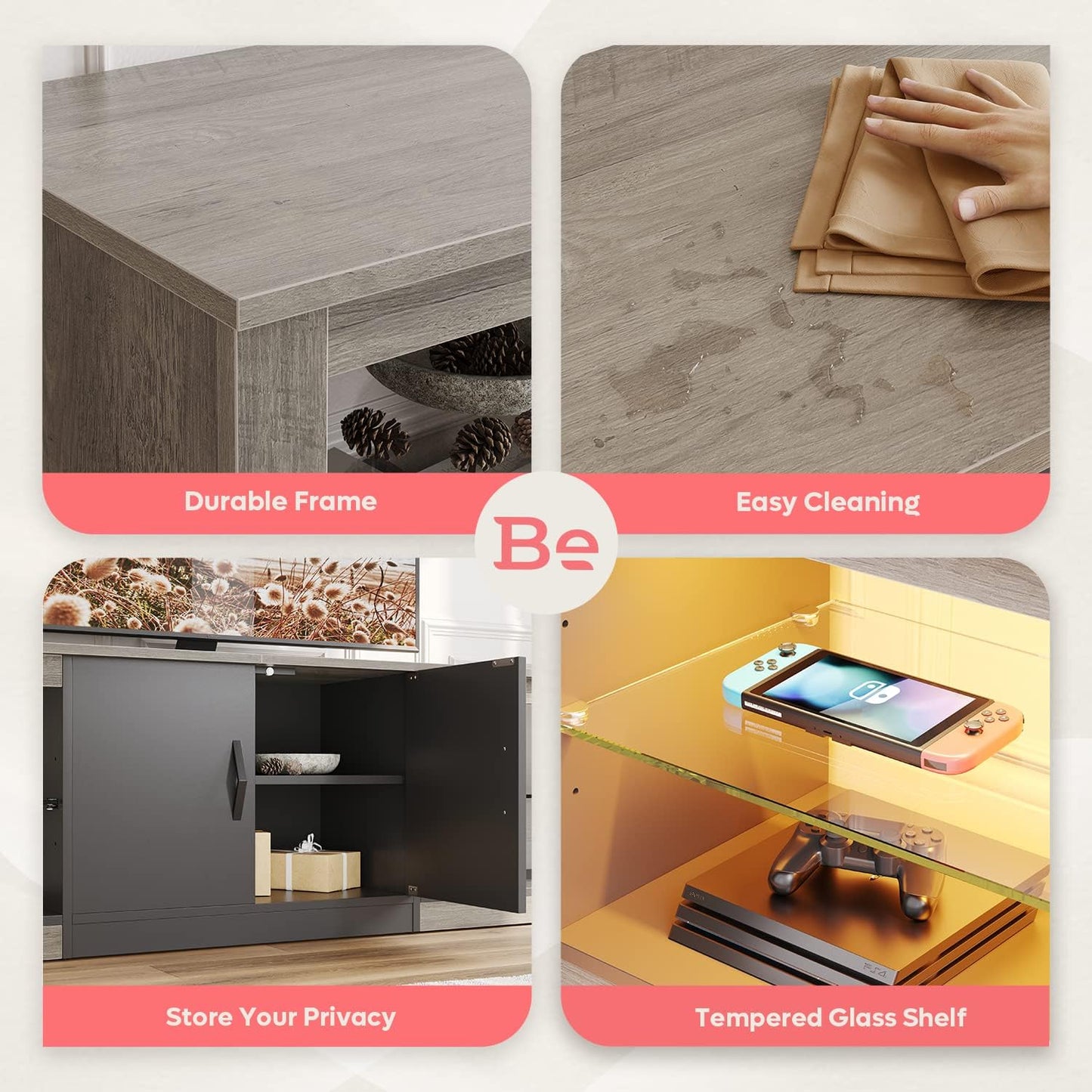 Bestier 70 Inch Led TV Stand for 75 Inch TV Large Entertainment Center Gaming with Adjustable Glass Shelves Two Cabinets Modern TV Console for Living Room 22 RGB Modes, Wash Gray