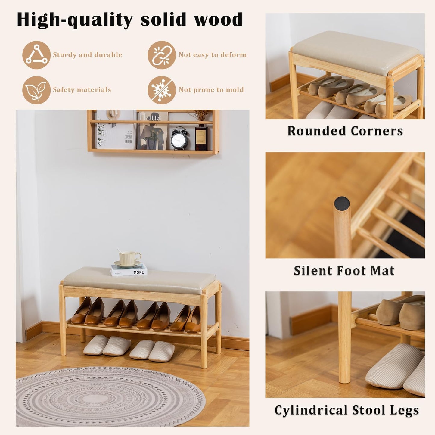 Shoe Bench, Entryway Bench, Wood 2-Tier Shoe Rack with Cushion Padded Seat Shoe Organizer (31.5",Beige+Nature)