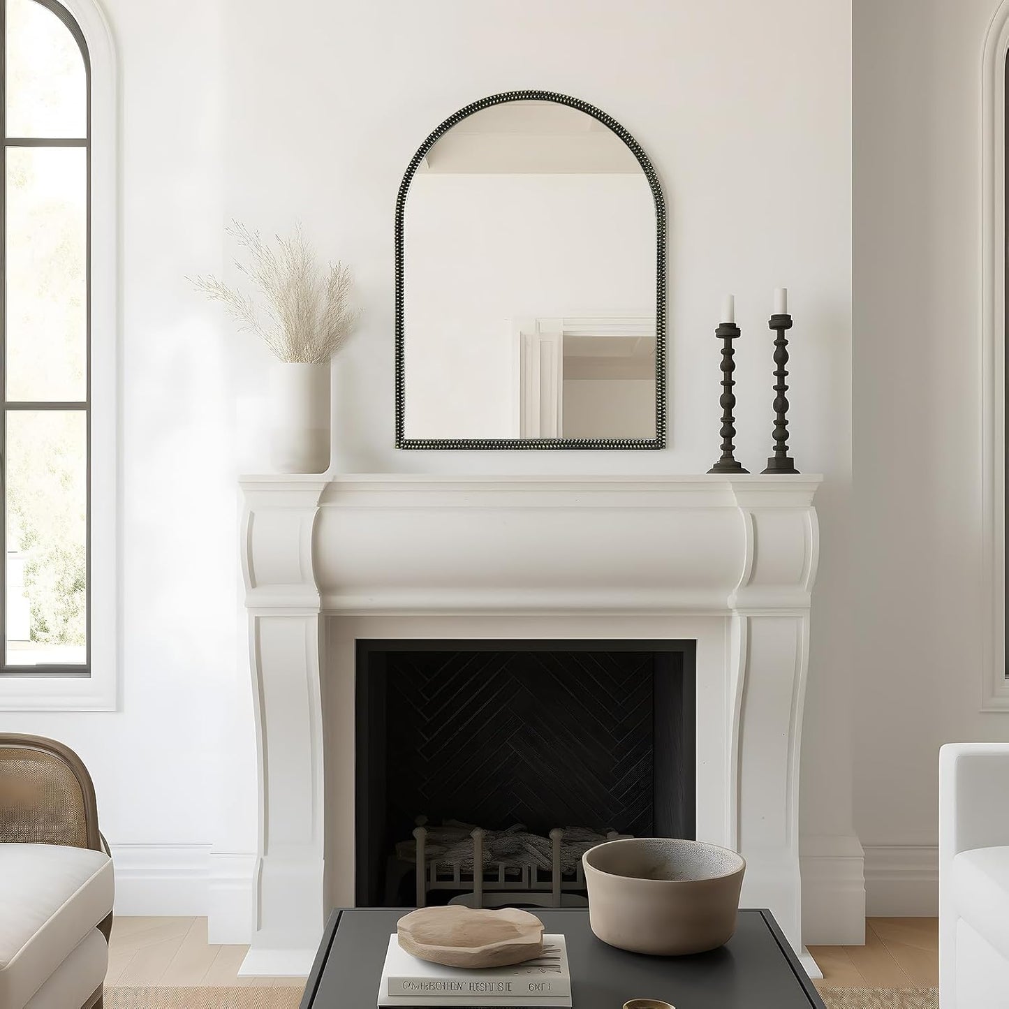 WallBeyond Black Vintage Mirror for Vanity 24x32 Inch, Gold Antique Mirror with Ornate Beaded Frame for Bathroom, Living Room, Fireplace, Entryway