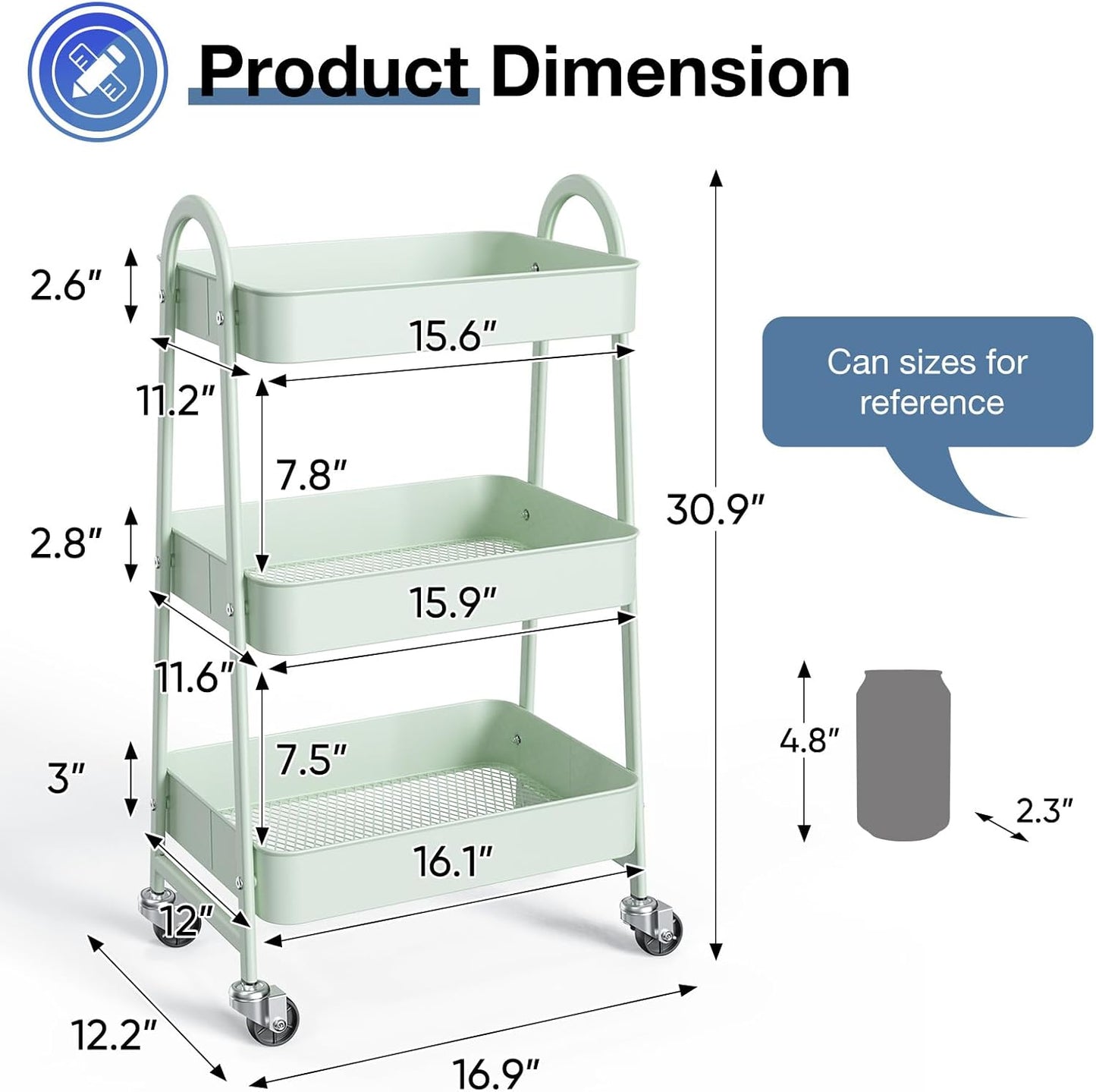 OLIXIS 3 Tier Utility Rolling Cart with Lockable Caster Wheels, Metal Mobile Storage Shelf, Organization for Livingroom, Bathroom, Kitchen, & Narrow Places, Pale Green