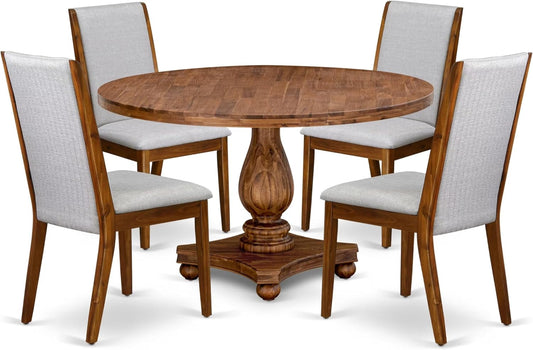 I2LA5-50N-05 - 5-Piece Mid Century Dining Set Includes A Table and 4 Grey Polyester Fabric Mid Century Dining Chairs with High Back, Antique Walnut