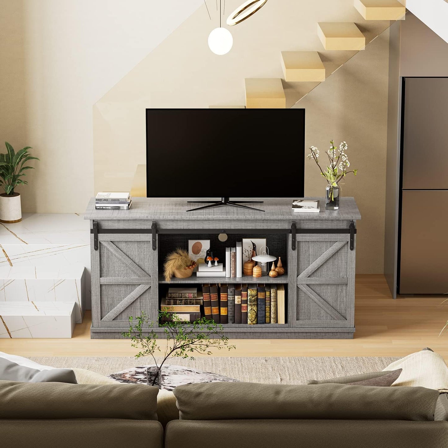 YESHOMY TV Stand for Televisions up to 65 Inches, with Sliding Barn Doors and Storage Cabinets, Console Table and Media Furniture for Living Room, 58 Inch, Gray