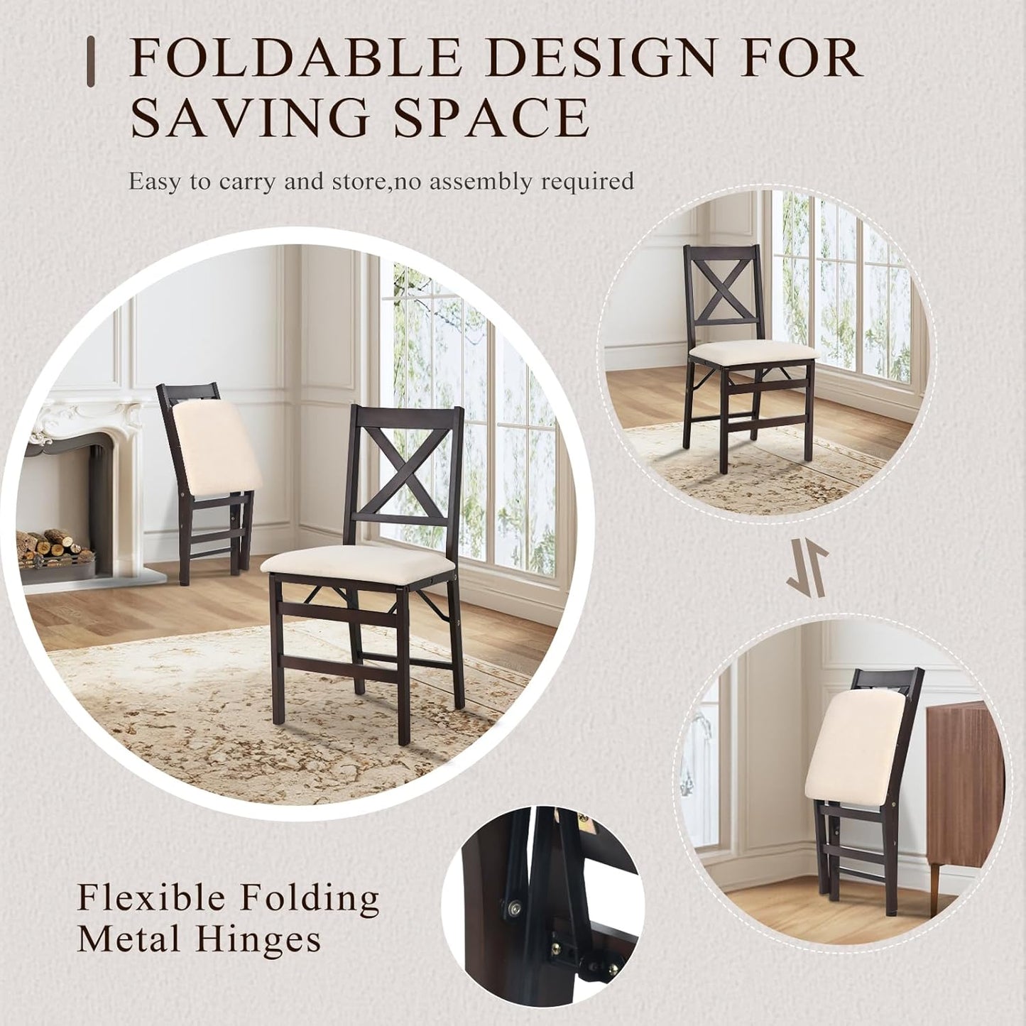 COLAMY Folding Dining Chairs Set of 4, Foldable Chairs with Padded Seats, Wood Folding Dining Room Chairs for Dinner, Kitchen, Party, Camping, Beige