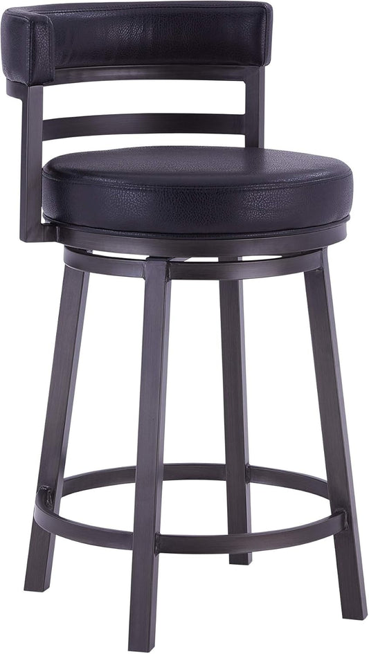 Armen Living Madrid 26" Counter Height Swivel Barstool in Ford Black Faux Leather and Mineral Finish