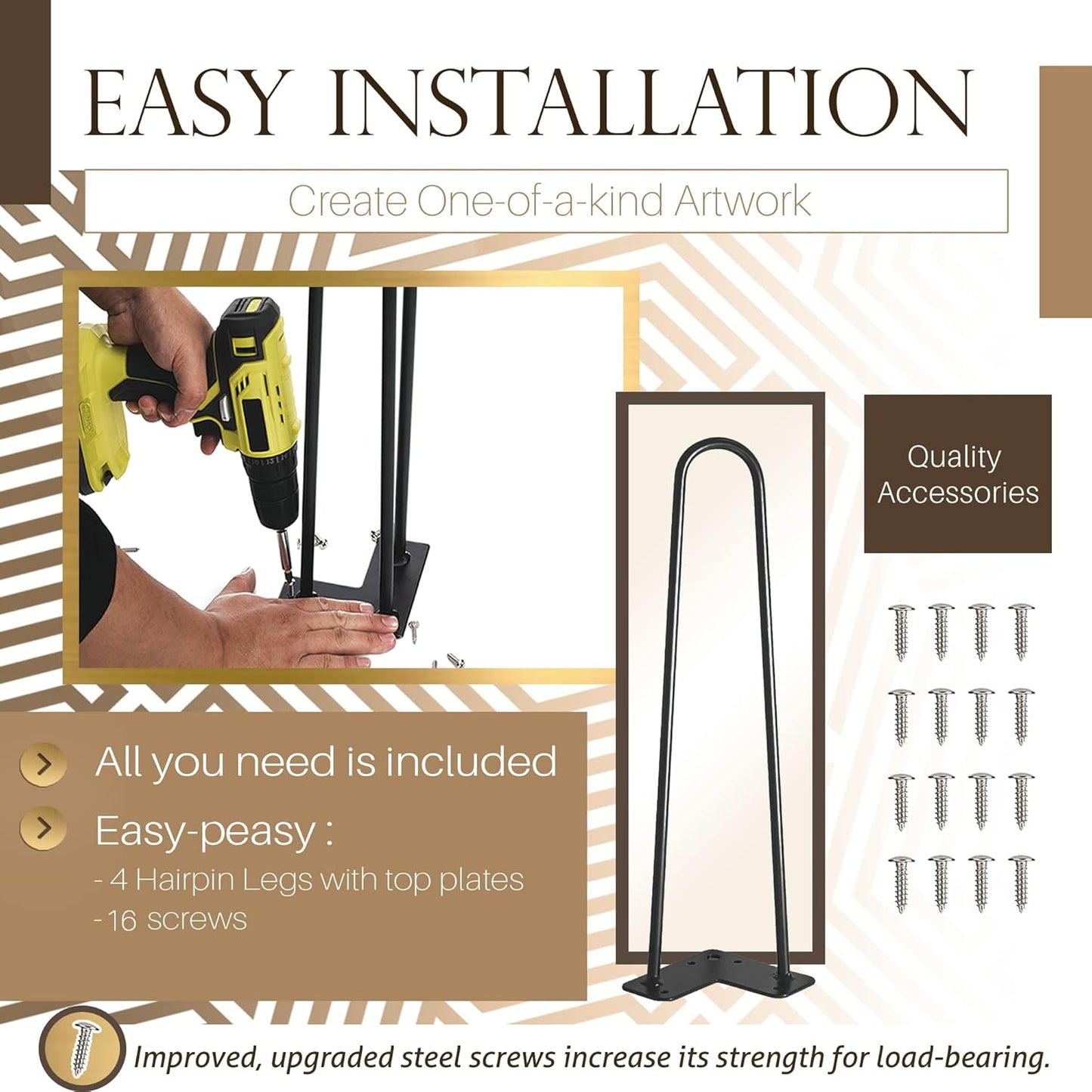 TEN49 Heavy Duty Hairpin Table Legs - 16 Inch Industrial Black Furniture Legs - Solid Rods Metal Legs for Table - Fit for Mid-Century Modern Desk, Bed Side, Dressing Table, Nightstand Legs