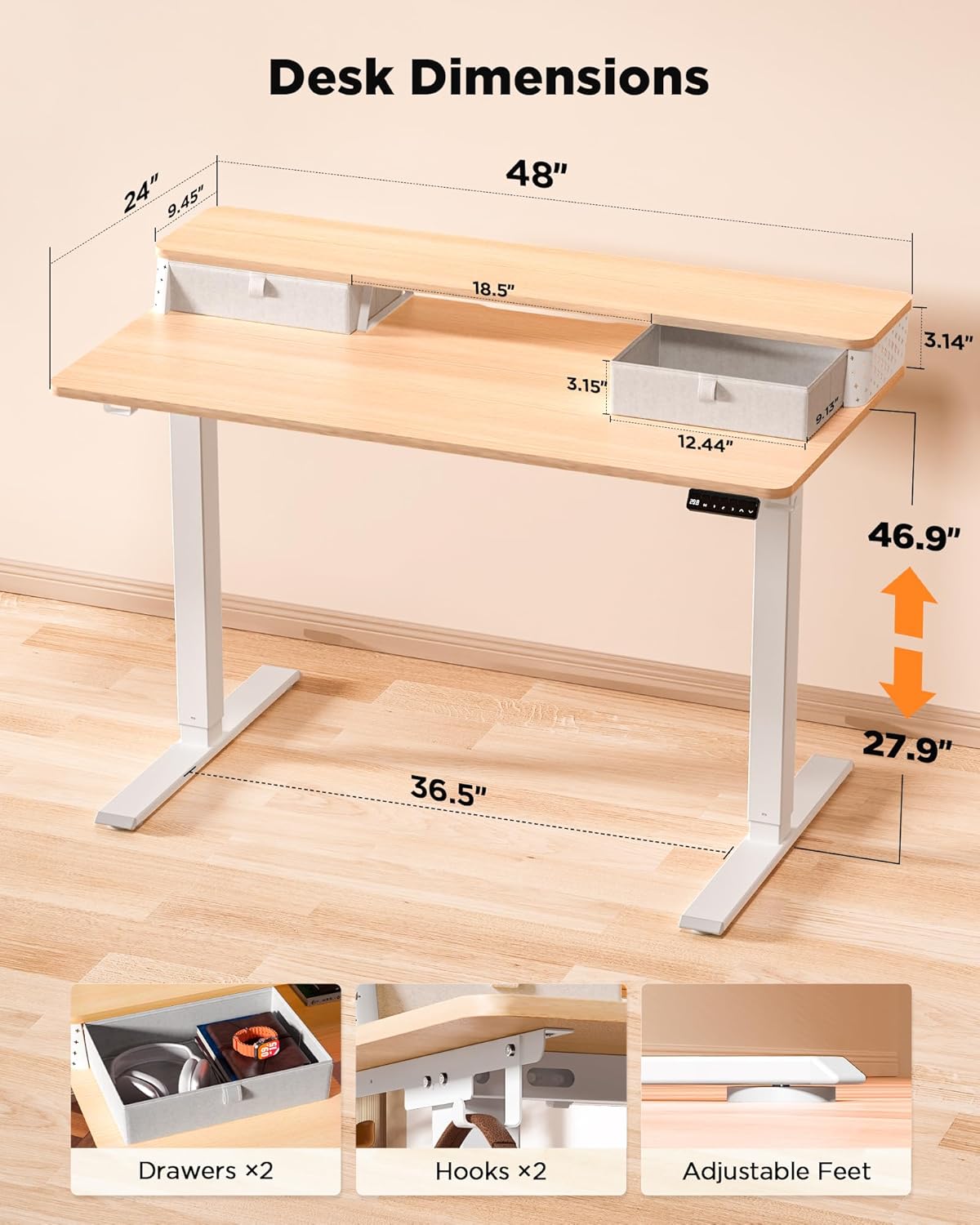 48x24 Inch Standing Desk with Double Drawers, C-Clamp Mount Compatible, Electric Adjustable Height Computer Stand Up Desks, Home Office Sit Stand Table with 3 Preset Heights & 2 Hooks, Natural