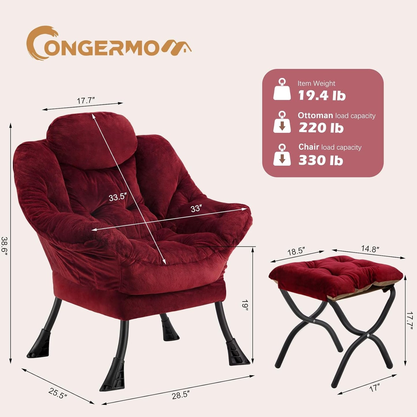 Lazy Chair with Folding Ottoman,Leisure Sofa Chair,Soft Fabric Armchair with Armrests and Side Pockets, Reading Chair with Footrest for Living Room, Bedroom, Office (Plush Red)