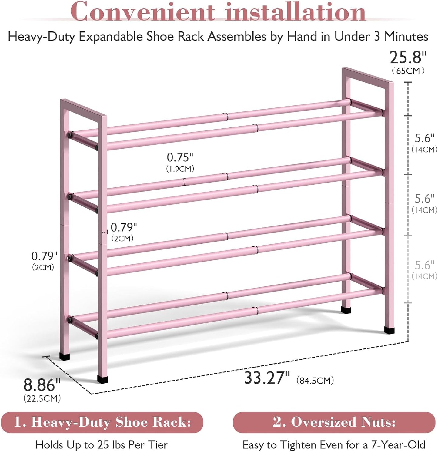 Bumusty 4-Tier Expandable Shoe Rack for Closet, 18“-33” Adjustable Shoe Rack for Small Space, Small Shoe Organizer for Front Door, Sturdy Metal, Pink