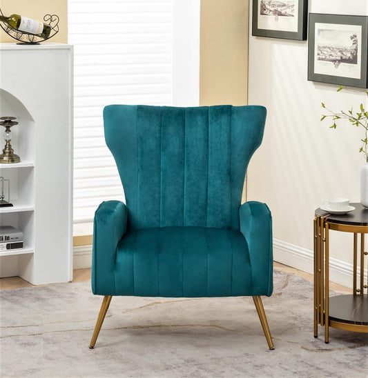 Container Furniture Direct Modern Velvet Accent Chair, Channel Tufted Bedroom, Office or Living Room Furniture with Elegant Metal Legs, 26" Wide Armchair, Blueish Green