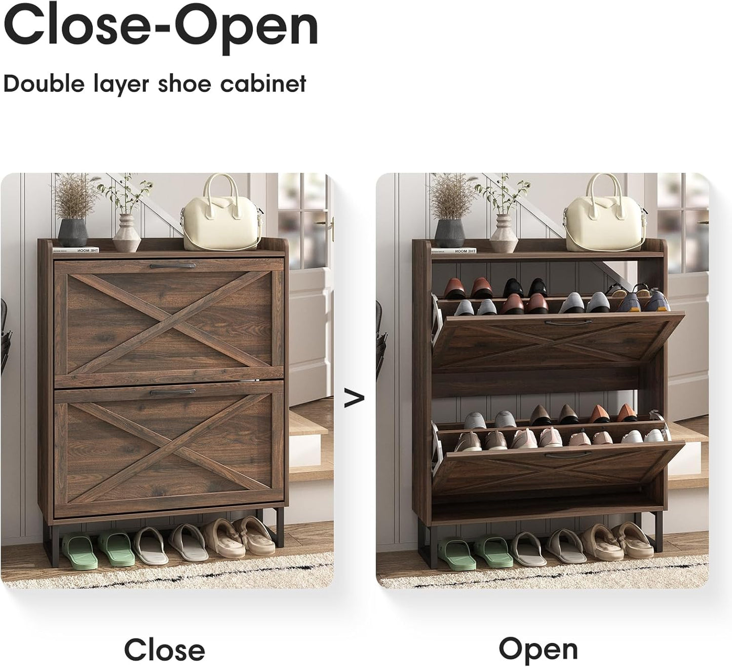 Maupvit Shoe Storage Cabinet with 2 Flip Drawers, Freestanding Organizer with Metal Legs for Entryway, Narrow Shoe Rack Cabinet, Dark Walnut