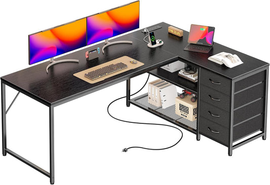PRAISUN 61" L Shaped Desk with Power Outlets and USB-C Port, Reversible Computer Corner Office Desk with 4 Fabric Drawers and 2 Height-Adjustable Shelves, Large for Gaming Writing Work Study，Black