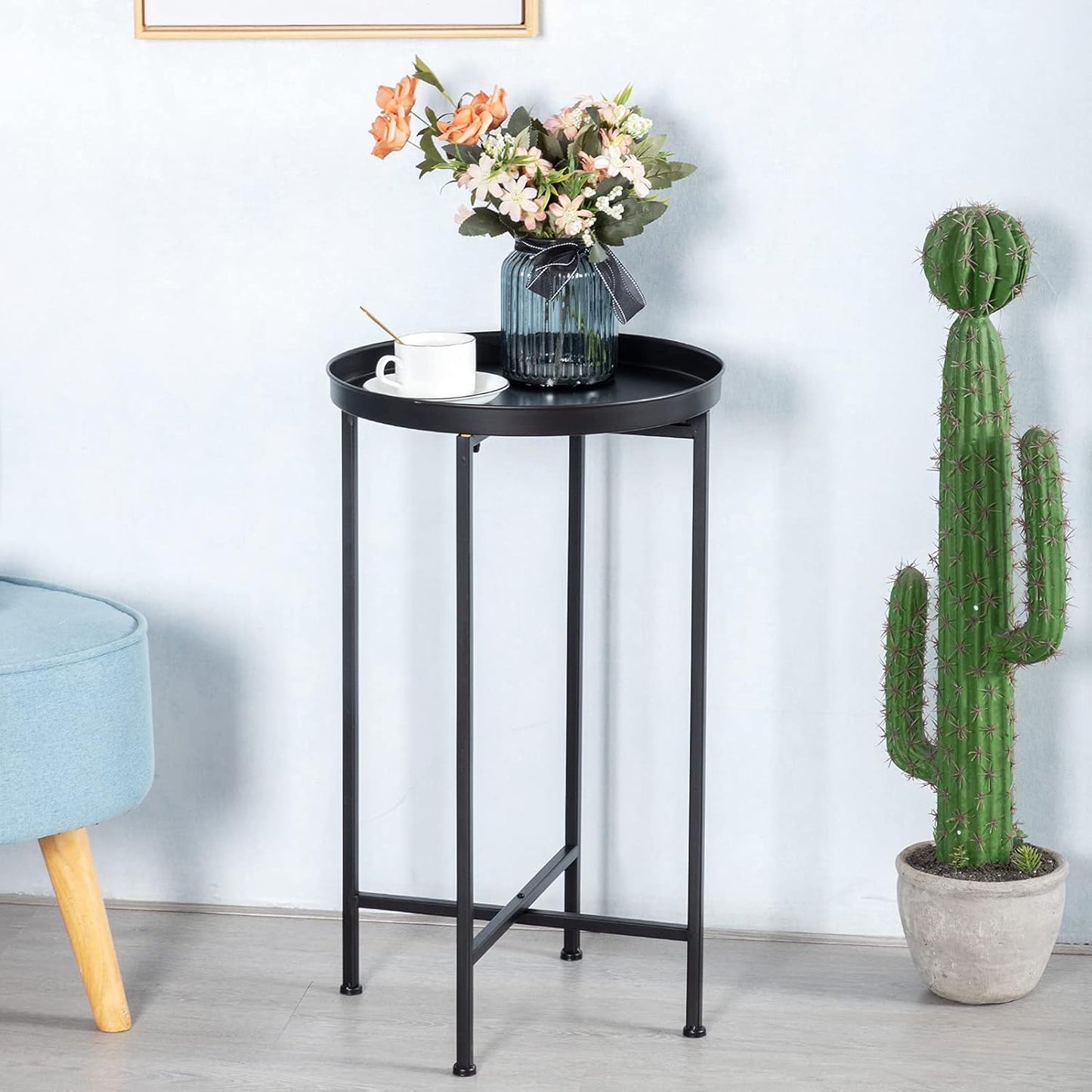 HollyHOME Small Round Metal Waterproof End Table, Accent Indoor&Outdoor Coffee Side Table, Snack Sofa Table for Living Room, Anti-Rust Decorative Plant Stand, (D) 14.5" x (H) 25", Black