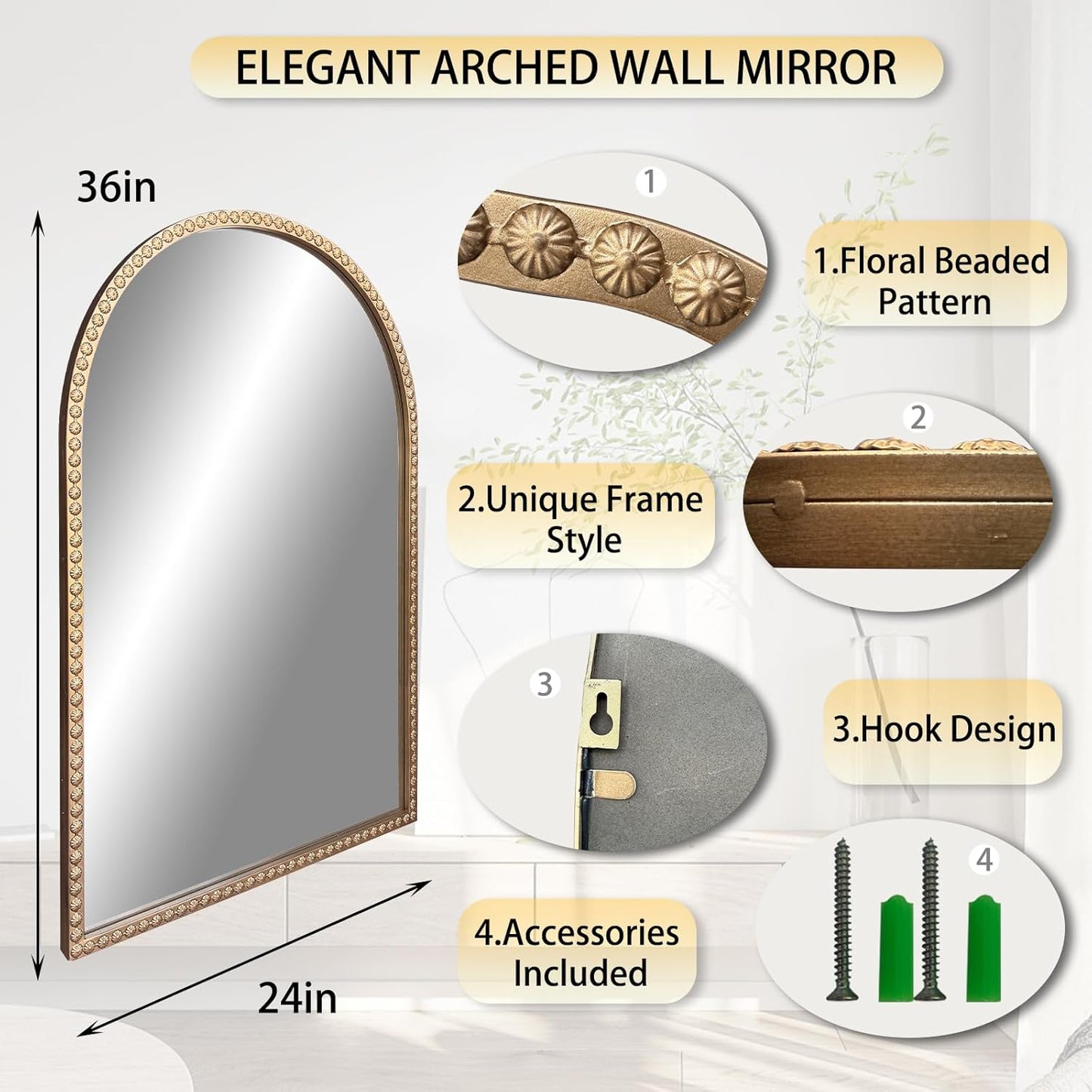 Gold Arched Mirror, 24"x36" Arch Vanity Mirrors for Bathroom, Metal Beaded Frame Decorative Accent Mirror, Ornate Vintage Mirrors for Fireplace Bedroom Living Room Hallway Entryway