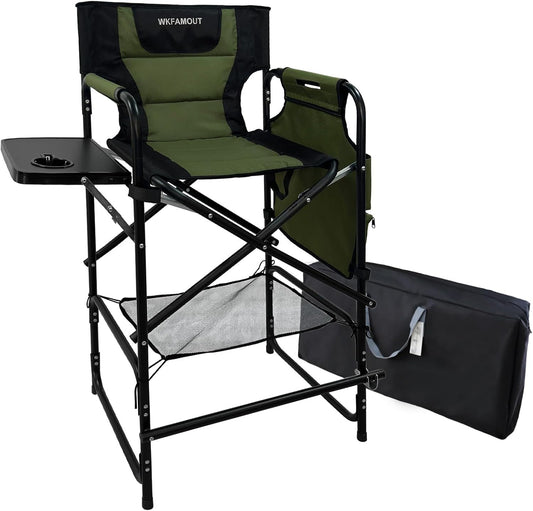 Tall Folding Directors Chair with Side Table 30.71" Seat Height Foldable Camping Chair Bar Stool for Makeup Artist Face Painting with Footrest and Storage Pocket Supports 350LBS
