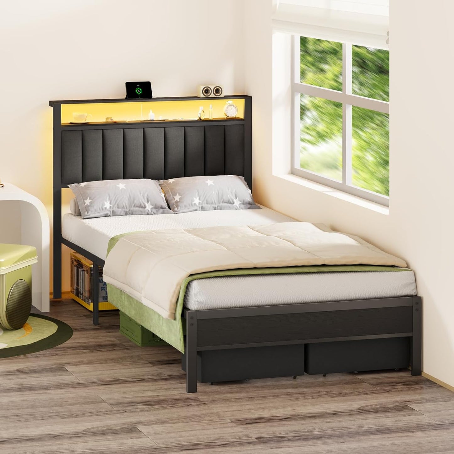 Furnulem Full Size Bed Frame with Charging Station and LED Lights, Grey Upholstered Headboard with Shelves, Metal Platform Bed with 2 Under-Bed Storage (Fabric Drawer on Wheels), No Box Spring Needed