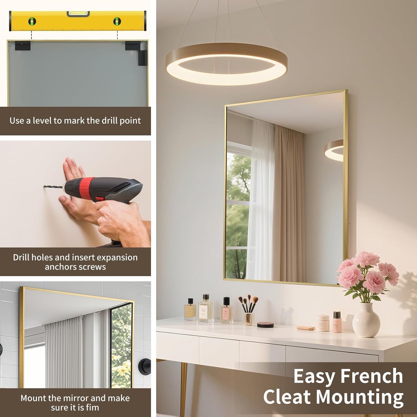 Brushed Gold Mirror, 16x20 Inch Aluminum Framed Rectangle Mirror, Anti-Rust, Tempered Glass, Square Corner Wall Mirror for Over Sink, Vanity, Bedroom, Entryway, Horizontal/Vertical