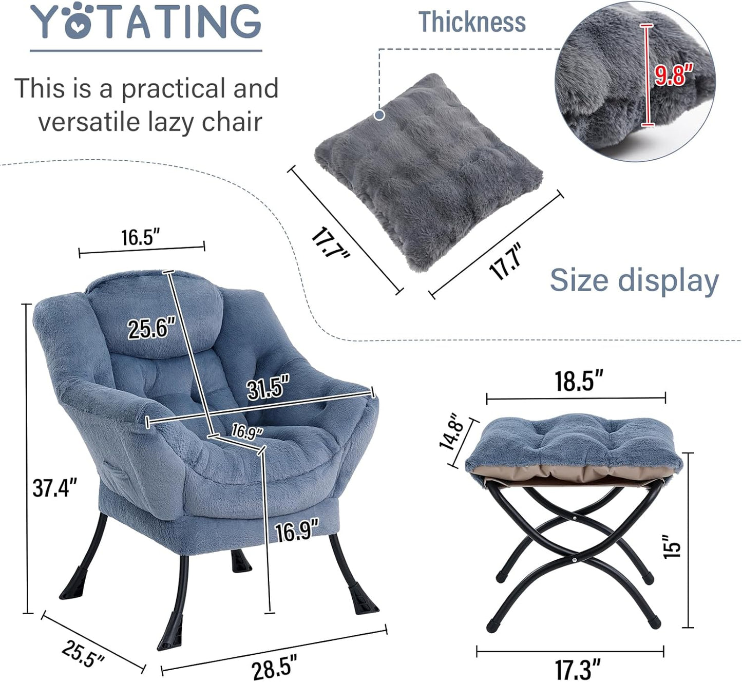 Lazy Chair with Ottoman, Comfy Reading Chair with Footstool & Throw Pillow Modern Lounge Accent Chair with Armrests & Side Pocket for Living Room, Bedroom, Dorm Room, Office