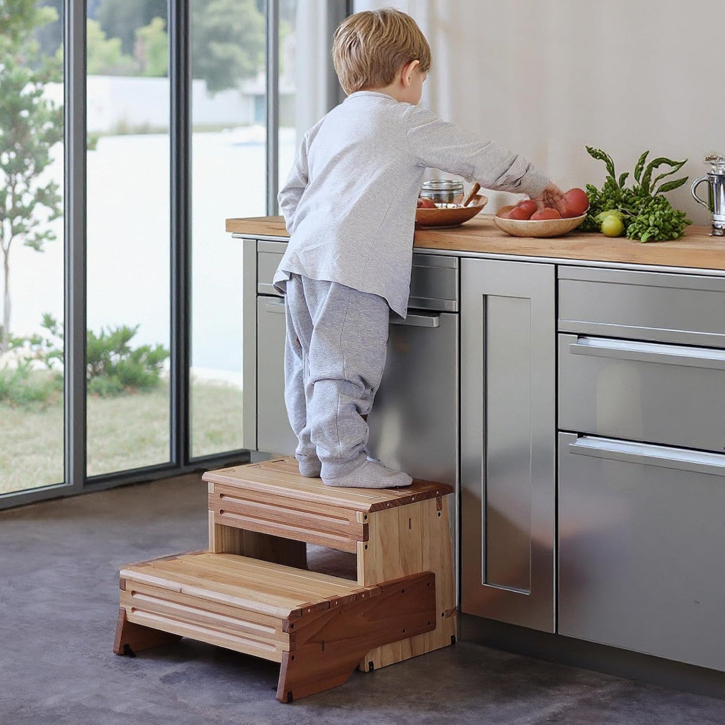 16" Wooden Two Step Stool for Adult & Kid, Wider, Deeper & Safer Bedside Steps, Anti-Slip. Riser 2-Step Spa & Hot Tub Stairs for Pool, Heavy Duty for Kitchen, Bathroom, Closet, High Bed Step