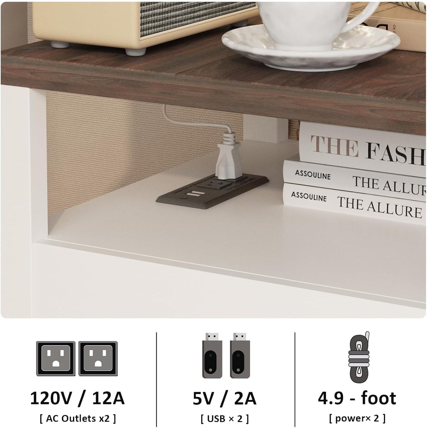 Farmhouse Nightstand Set of 2 with Charging Station, Rustic End Table Bedroom with Storage Living Room Side Table White Night Stand Industrial Bedside Bed Table with USB Ports and Outlets