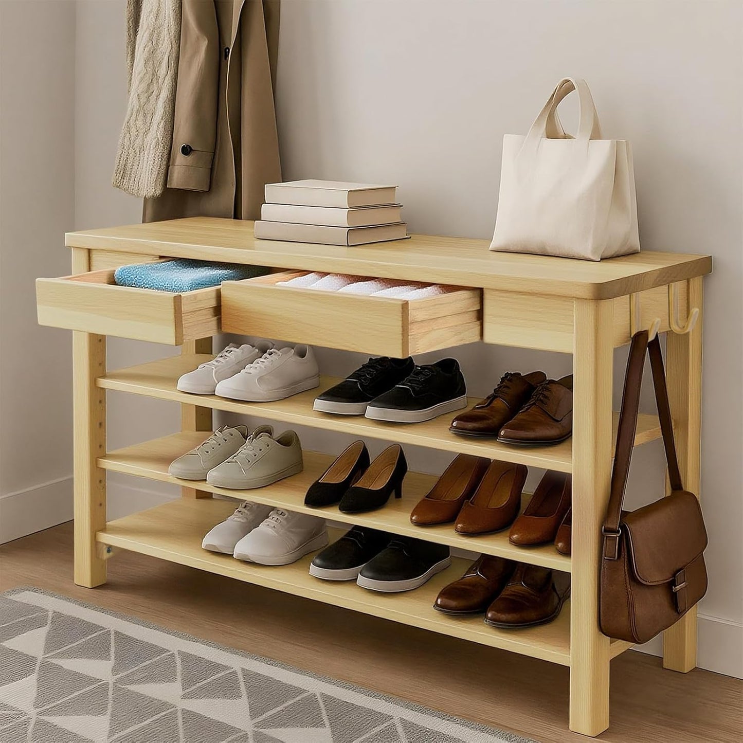 Wood Shoe Bench Entryway with Drawer: 3-Tiers Wooden Storage Shoe Rack with Bench Seat, Compact Mid-Century Modern Design for Entryway,Hallway,Closet,Front Door Entrance,Foyer Natural 39.3"