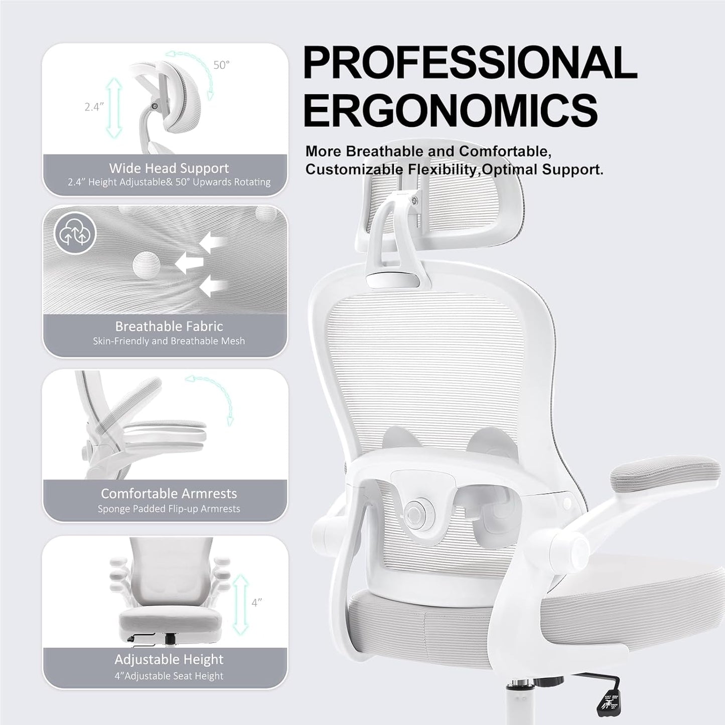 Ergonomic Office Chair,Ultra Thick Office Desk Chair with Adjustable Lumbar Support and Headrest,Spring Cushion,Rocking Function,Flip-up arms,Mesh Computer Chair for Home Office,Grey