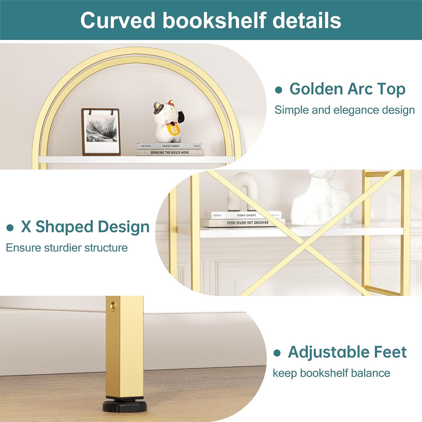 Shintenchi Bookshelf, Arched Bookshelf 5 Tier Bookcase Shelf for CDs/Books, Home Office Bookcase Shelf Storage Organizer, Modern Book Shelf for Bedroom/Living Room, Gold