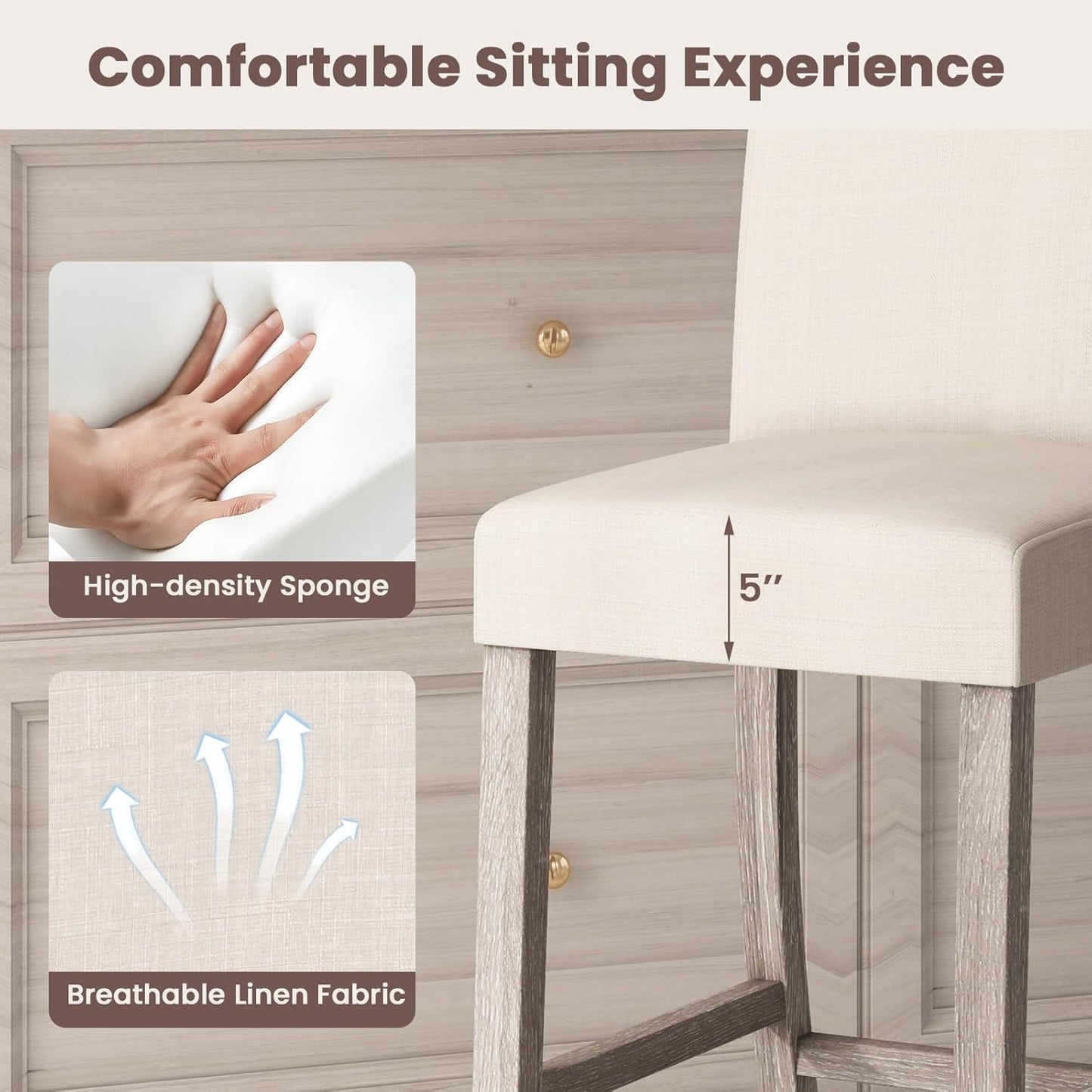 COSTWAY Upholstered Counter Height Stools Set of 2, Bar Stools w/Ergonomic Backrest, Solid Wood Frame, 24.5” Fabric Counter Height Chairs for Kitchen Island, Dining Room, Pub (Beige)