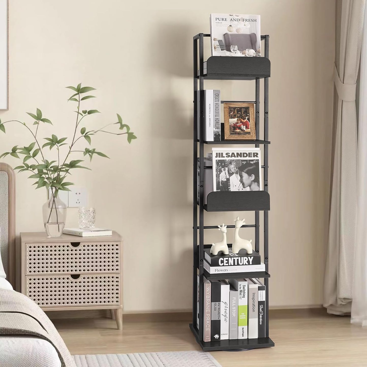 Bikoney Rotating Bookshelf, 5-Tier Bookshelves Tower for Corner, Small Narrow Bookcase, Tall Industrial Bookshelf, Wood and Metal Black