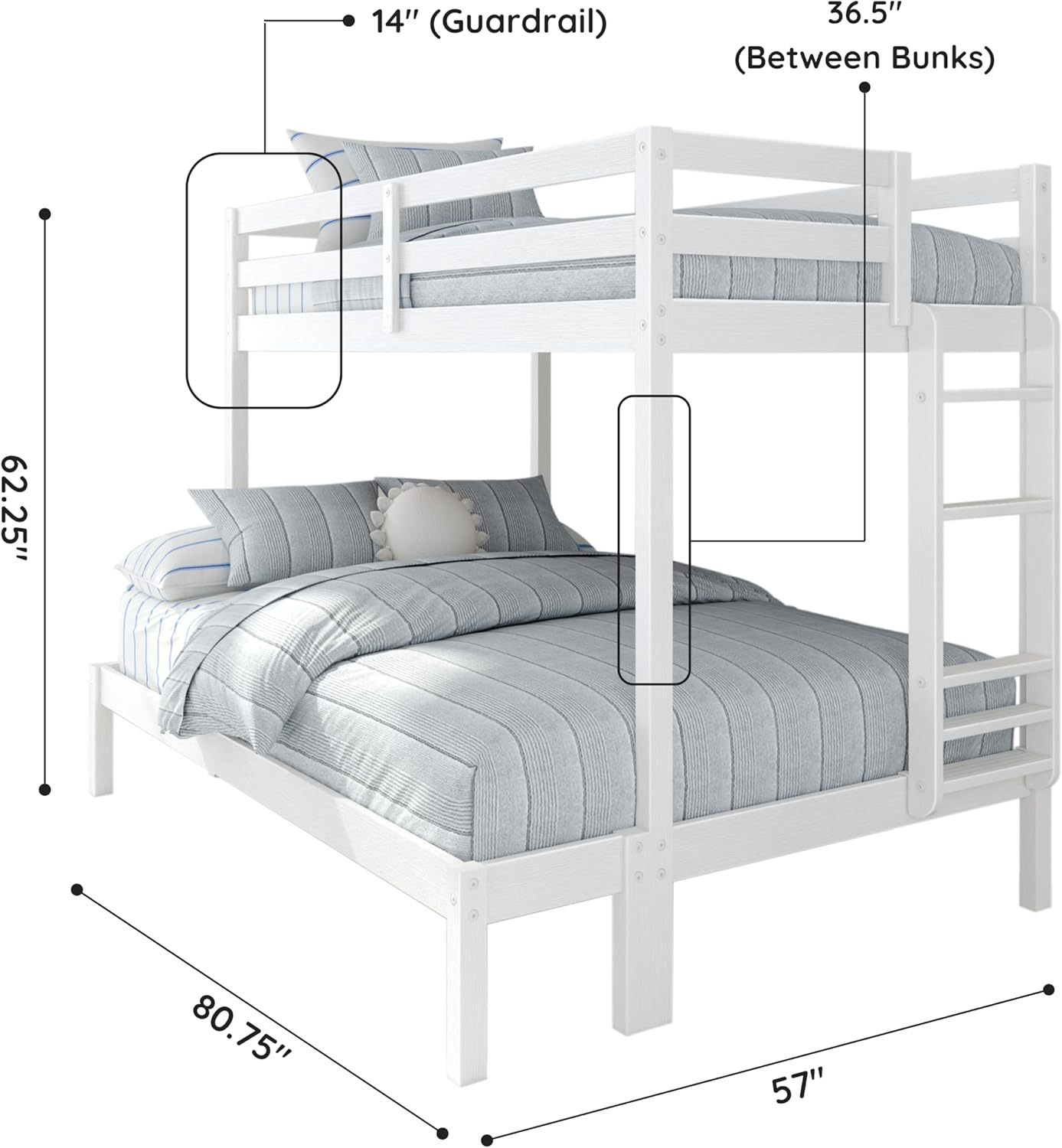 Grain & Grove Bear Twin Over Full Bunk Bed, Sturdy Bunk Bed Frame for Kids, Plywood Bunk with Ladder, Guardrail, and Slats, No Box Spring Required, Brushed White