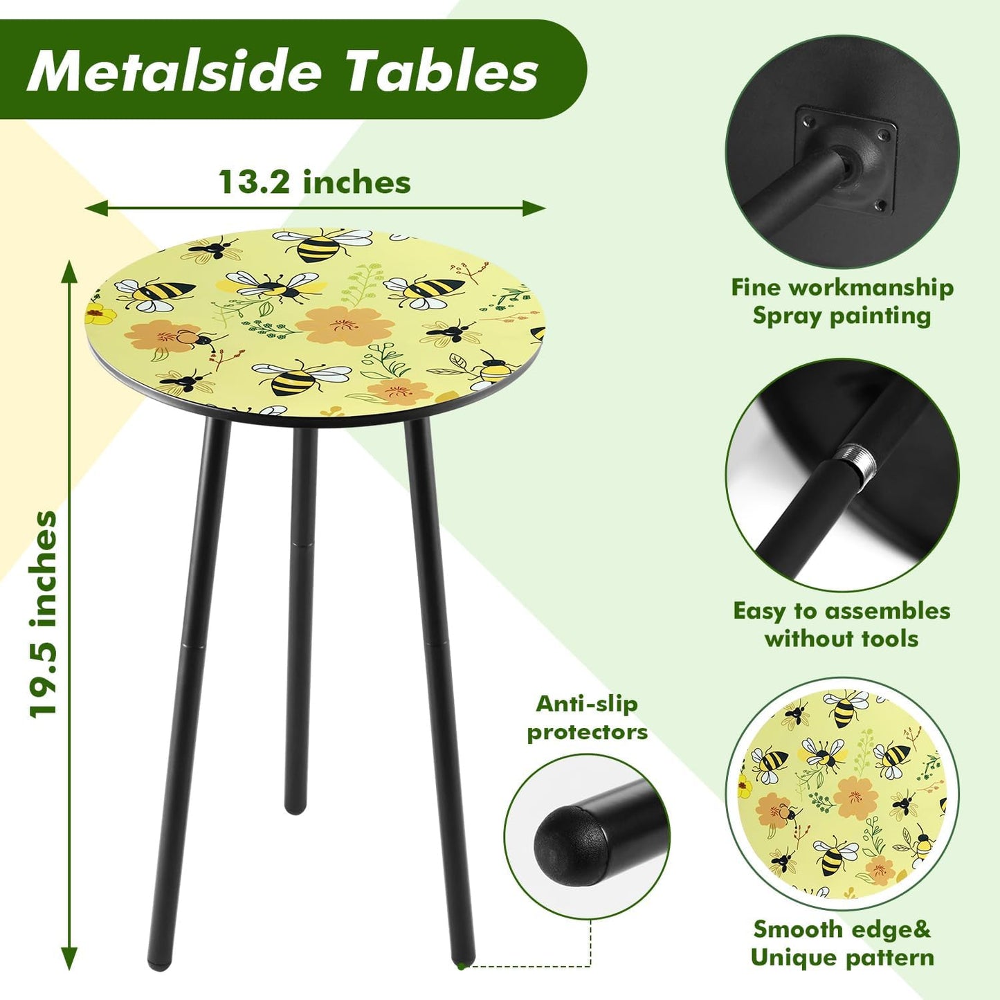 2 Packs Metal Mosaic Round Side Table 13.2" Small Outdoor Patio Round Accent Coffee Tables Indoor Corner Stand for Small Spaces Weather-Resistant for Balcony Plant Stand, Yellow Bee