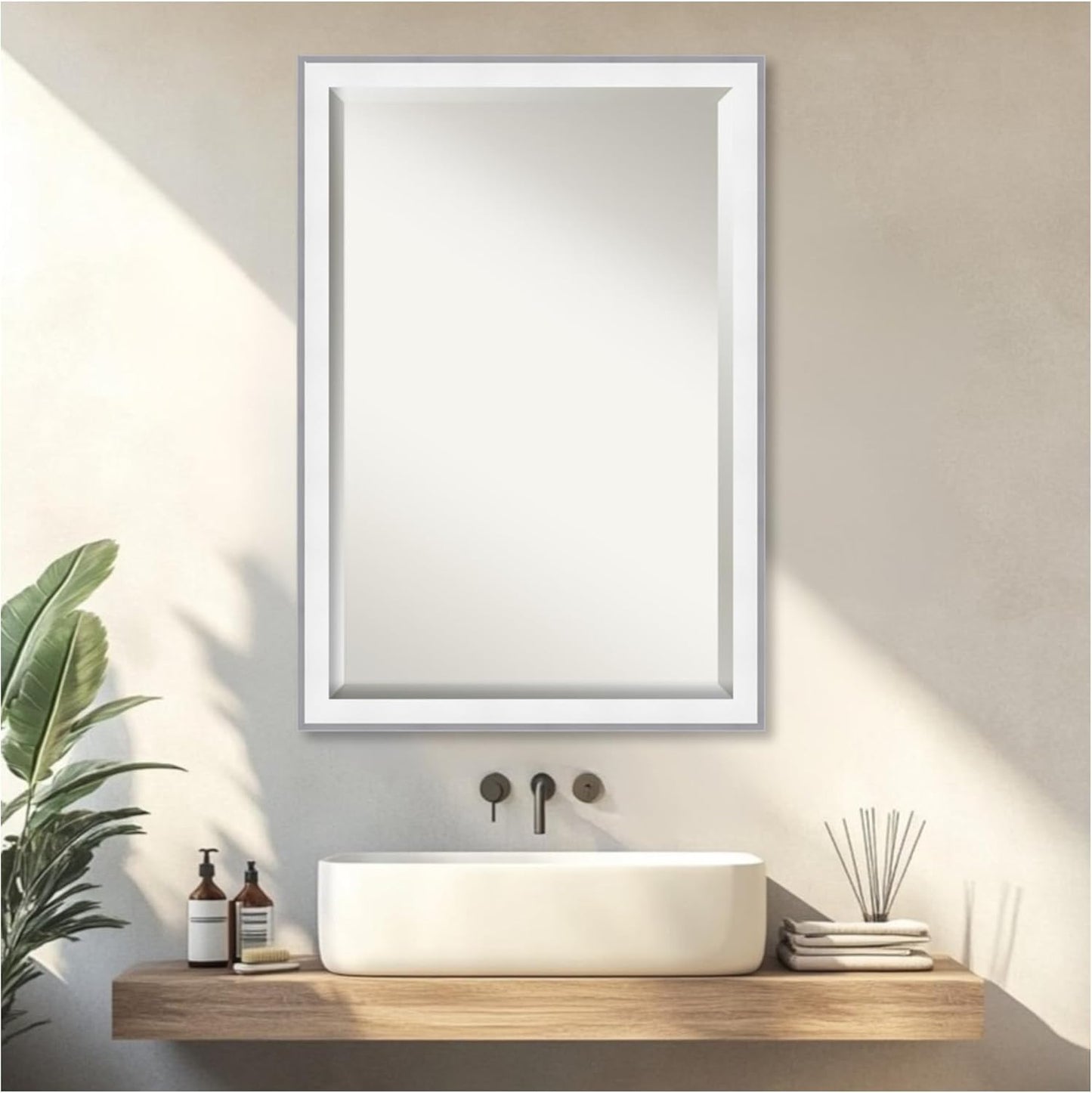 Amanti Art Bathroom Mirror for Over Sink, 27x39 Maya White Silver Rectangle Vanity Mirror, Large Modern Contemporary Frame, Hangs Horizonally and Vertically, Bathroom Wall Decor, Beveled Edge