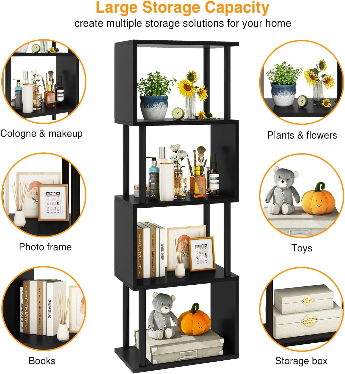 IBUYKE 5-Tier Tall Bookshelf,S-Shaped Geometric Bookcase, Wood Display Shelves with Storage,Modern Bookshelf for Living Room Bedroom, Home Office, Black WBC015B