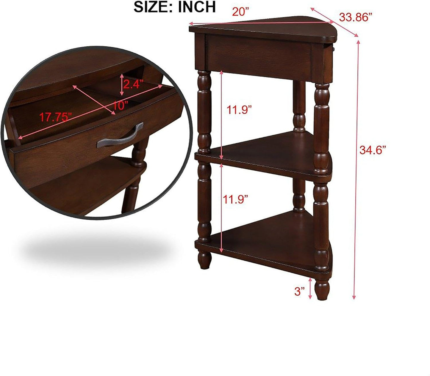 GDFStudio Trmxmbi 3 Tier Corner Console Table with 1 Storage Drawers and Shelves, 33.8'' Rustic Wood Triangle Sofa End Table for Small Spaces, Solid Wood Legs, Light Espresso