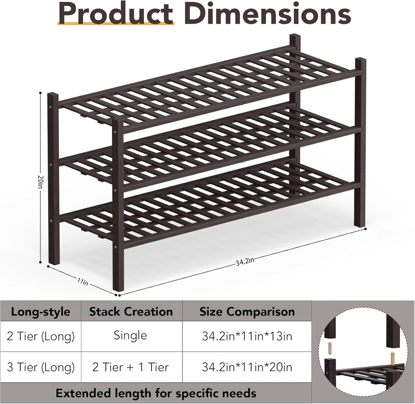 Haddockway Long 3 Tier Bamboo Shoe Rack Storage Organizer, Multifunctional Free Standing Stackable Shoe Shelf with Grid Panel for Closet,Hallway,Entryway,Small Space 34.2"x11"x20"(Brown, 3-Tier(Long))