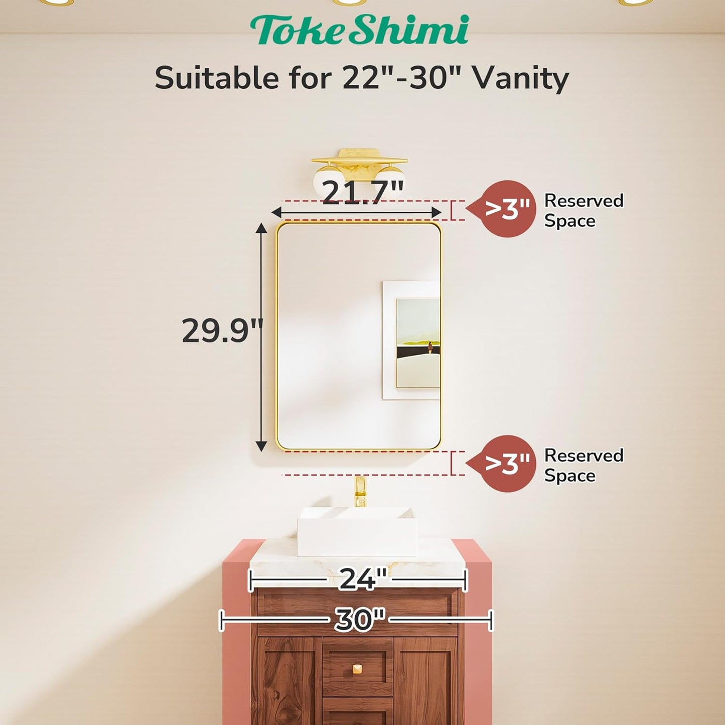 TokeShimi Gold Bathroom Mirror 22x30,HD Tempered Glass,Brushed Gold Bathroom Vanity Mirror for Over Sink,Aluminum Framed Mirror Wall(Horizontal/Vertical)