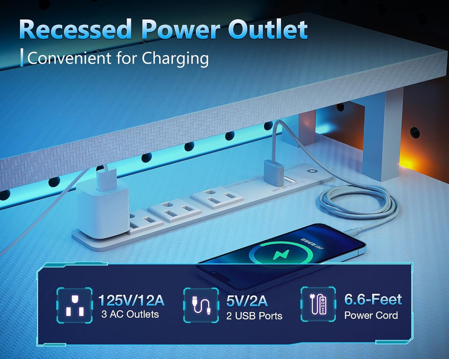 AODK 52 Inch Gaming Desk with USB Charging Ports & LED Light- Reversible Computer Desk with Storage Shelves & Monitor Stand, Modern Gamer Desk Table with Fabric Drawers & Side Hook, Carbon Fiber White