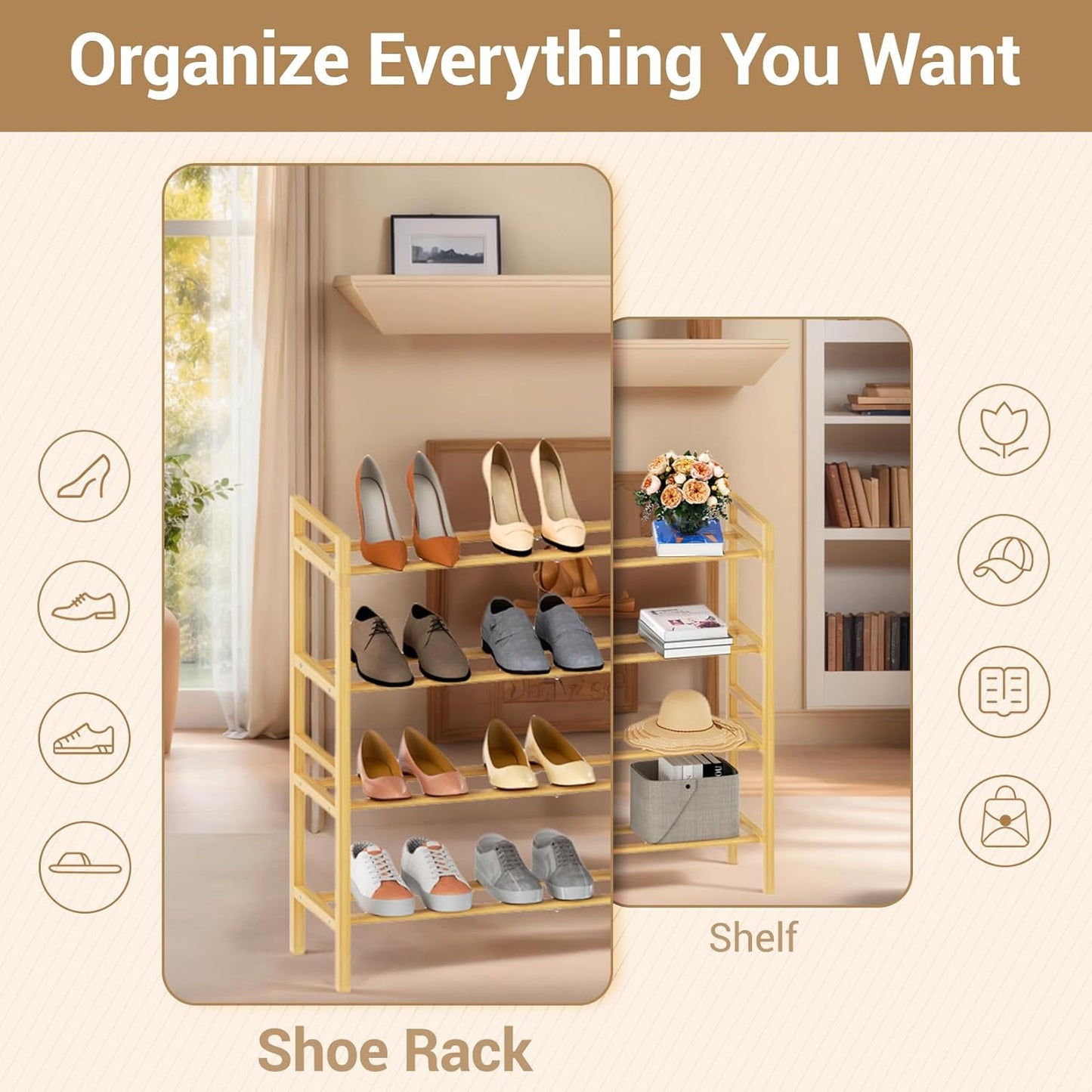 Haddockway Bamboo Shoe Rack for Closet, Free Standing Shoe Organizer with Smooth Round Rods & Convenient Handles, Stackable Shoe Storage Shelf for Entryway, Hallway(Natural, 4-Tier)