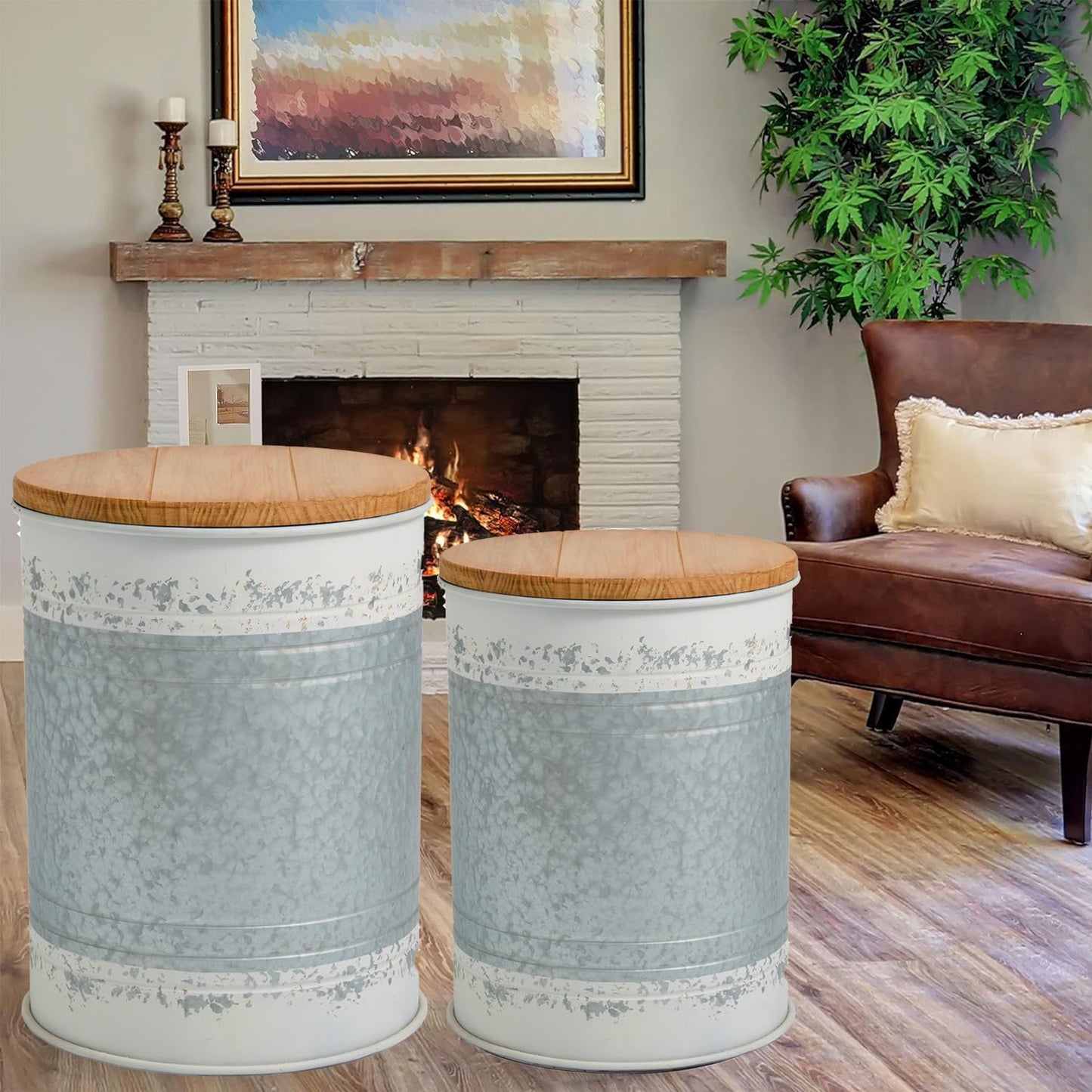 Glitzhome Farmhouse Accent Side Table, Metal Storage Stool Ottoman with Round Lid - Galvanized Coffee Cocktail End Tables Set of 2 for Living Room Bedroom, Distressed White