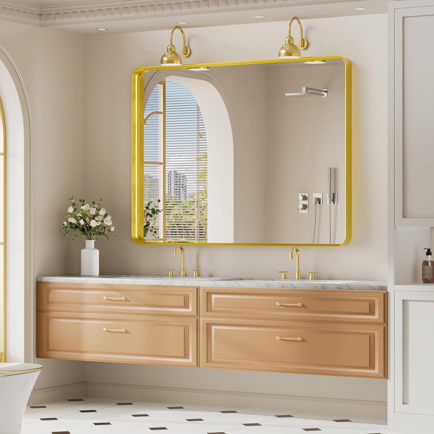 Koonmi Gold Bathroom Mirror for Wall, 36x48 Inch Matte Metal Deep Framed Rounded Corner Wall Mirror, Shatterproof Tempered Glass for Farmhouse Bedroom Entryway, Vertically or Horizontally