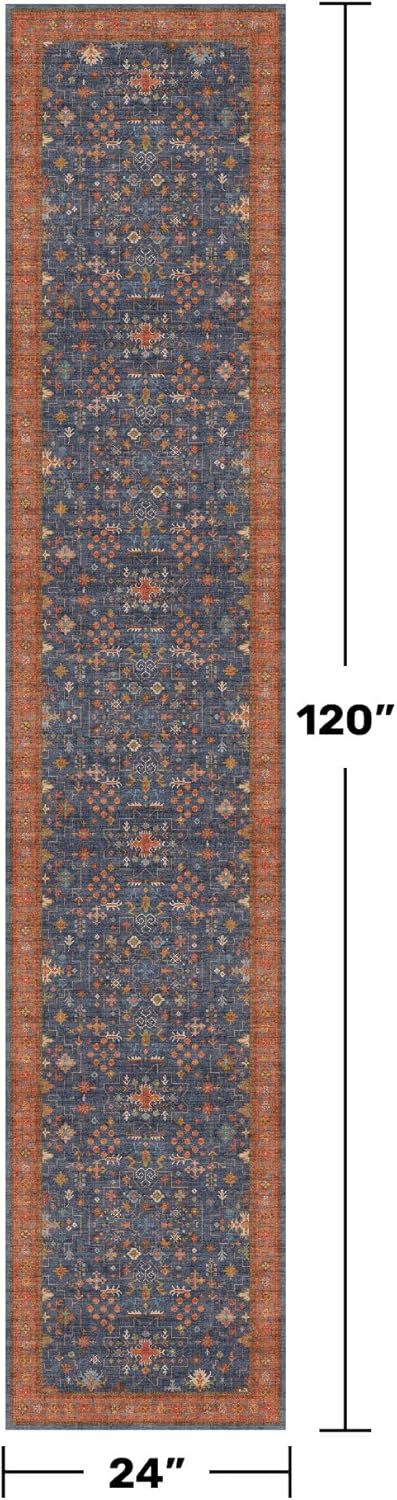 Navy Blue Washable Hallway Runner Rug 2x10 Non Slip Rugs for Kitchen, Mudroom, Bathroom, Hall Way - 10 ft Long Dark Boho Geometric Decor, Fade & Stain Resistance