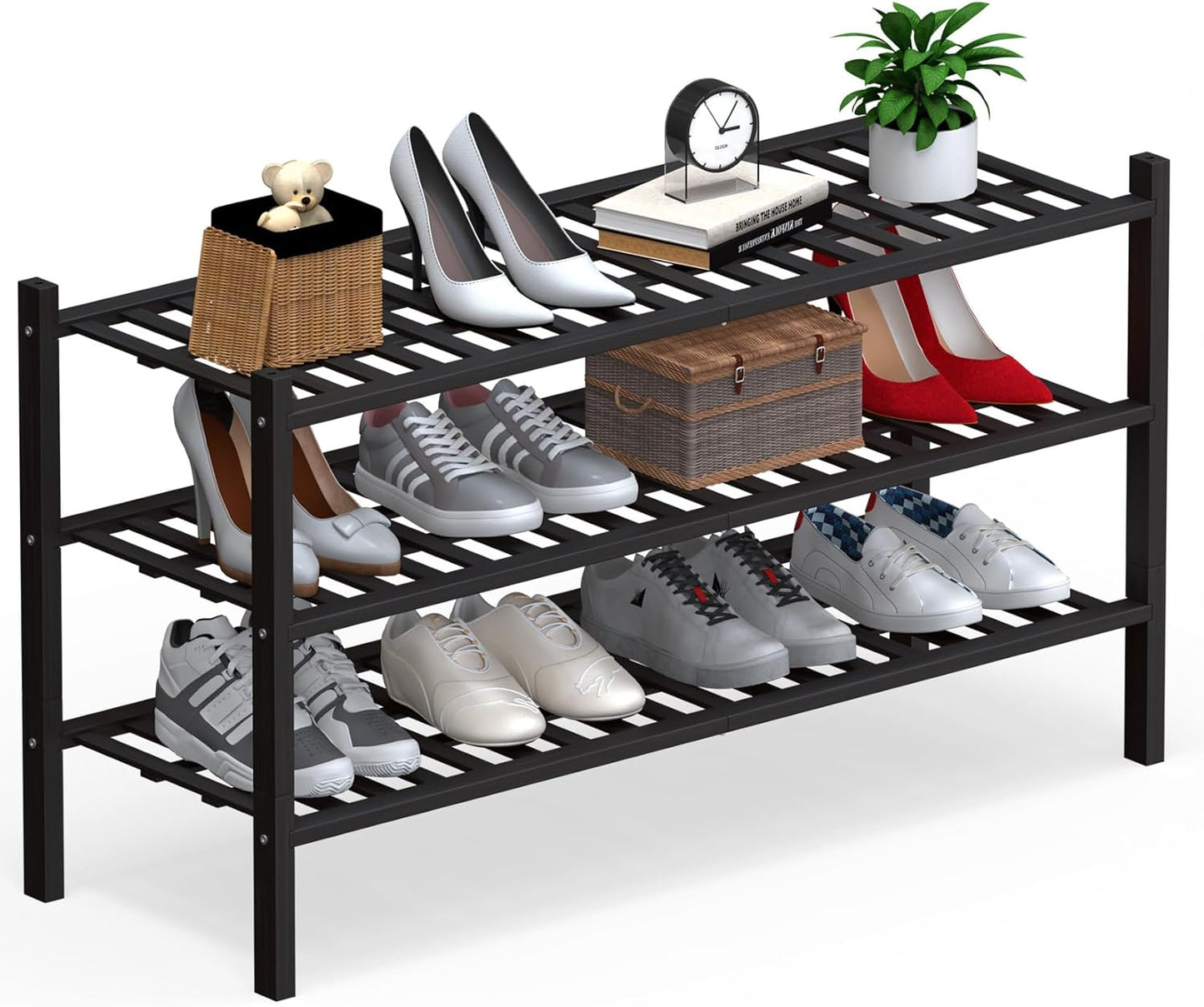 Haddockway Long 3 Tier Bamboo Shoe Rack Storage Organizer, Multifunctional Free Standing Stackable Shoe Shelf with Grid Panel for Closet,Hallway,Entryway,Small Space 34.2"x11"x20"(Black, 3-Tier(Long))