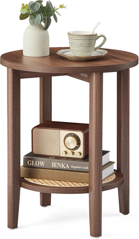 VASAGLE Round Side End Table, 2-Tier Boho Bedside Table with Rattan-Look Storage Shelf, Nightstand for Small Spaces, for Living Room, Bedroom, Home Office, Black Walnut ULET296K01