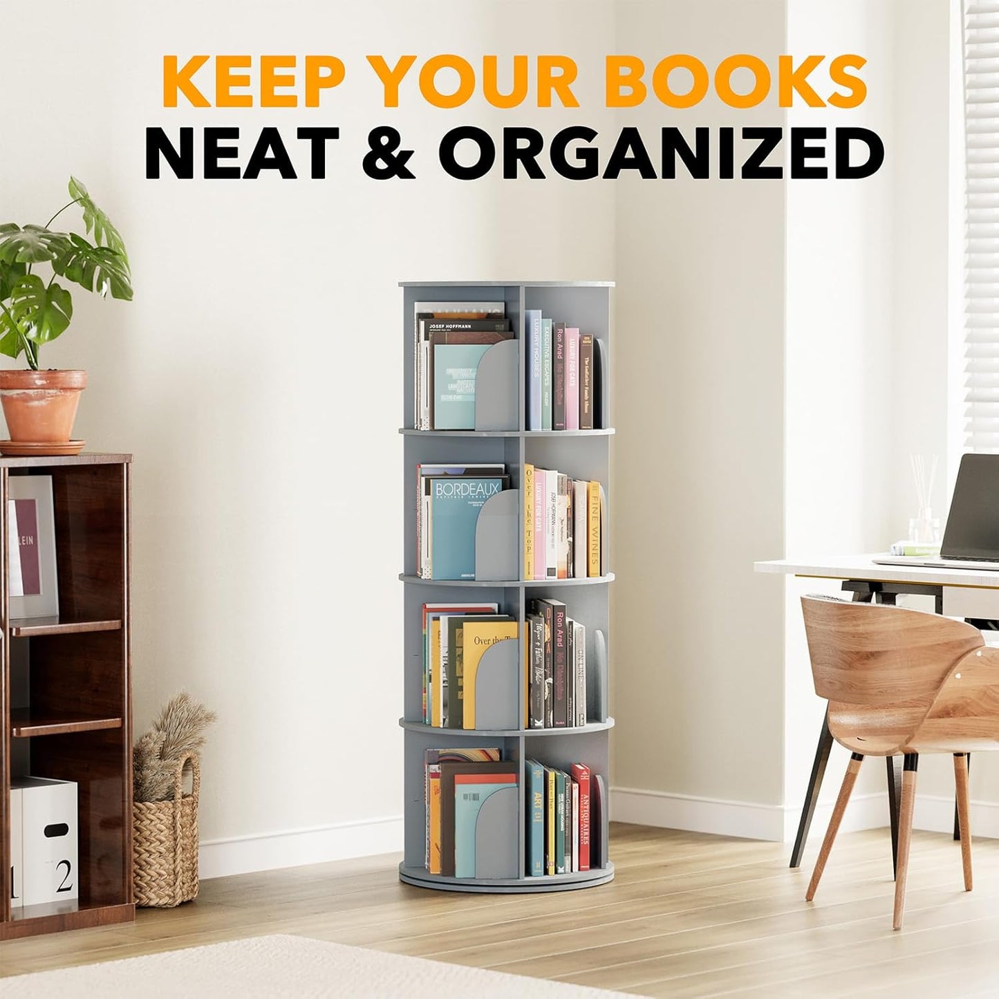 SpaceAid 4 Tier Rotating Bookshelf Tower, Spinning Bookcase Lazy Susan, Revolving 360 Book Shelf Storage Round Carousel, Vertical Rotate Turning Spiral Corner Organizer, Gray