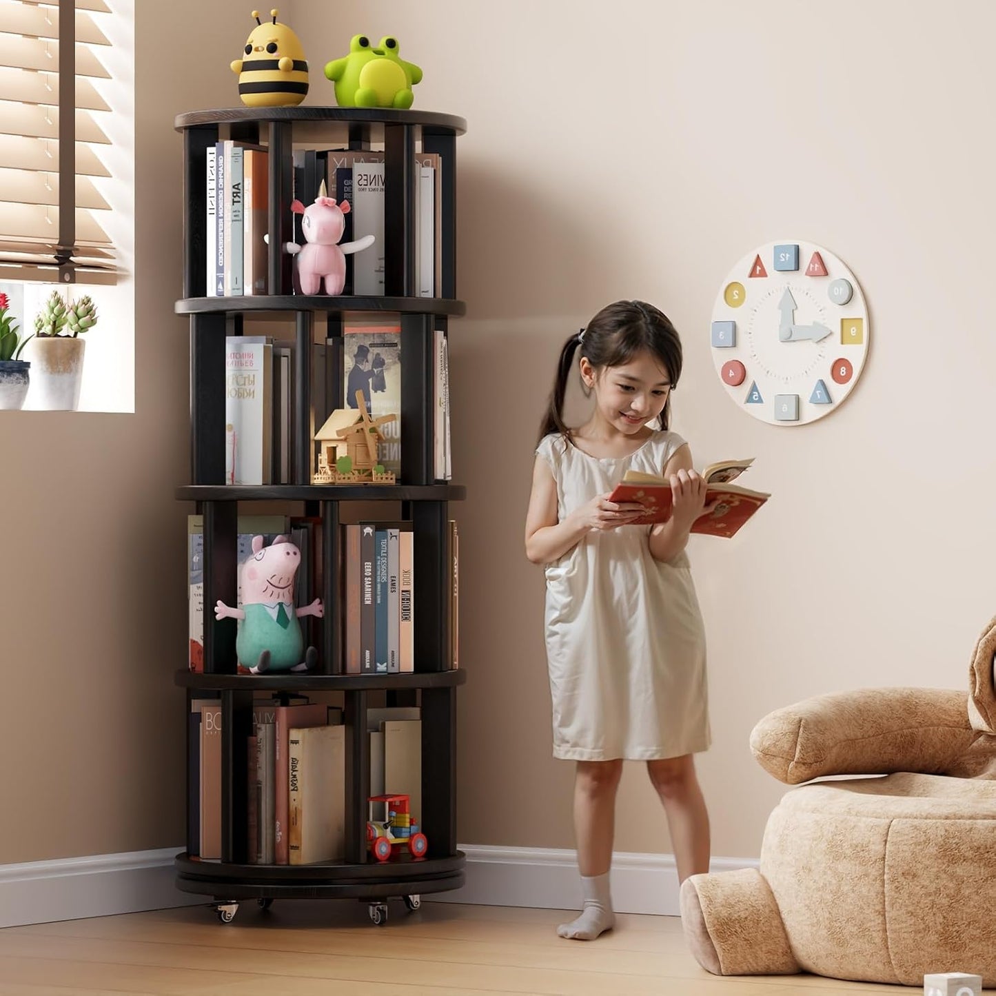 Solid Wood Rotating Bookshelf on Wheels, 4 Tier, Round Revolving Bookcase, 360° Spinning Book Shelf Tower for Kids, Narrow Rolling Bookshelves for Small Space, Corner, Bedroom, Office, Black