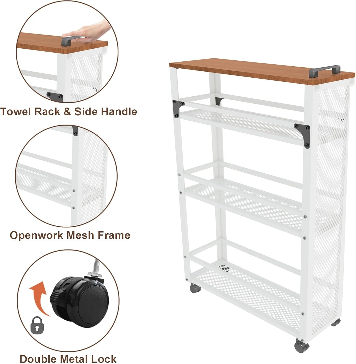 2025 New, Slim Kitchen Storage Cart, 3 Tier Metal Rolling Utility Cart Mesh Basket, Multifunction Wire Basket Shelf Trolley for Home Laundry, Bathroom, Living Room, White