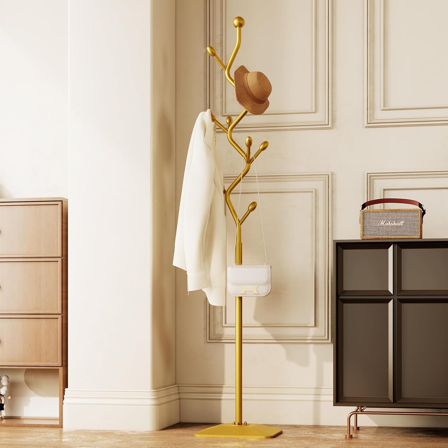 Tree-shaped coat rack stand,Metal coat tree with 8 Hooks and sturdy cast iron base,Heavy Duty coat rack freestanding coat hanger stand for Clothes Hats Scarfs Purses (gold)